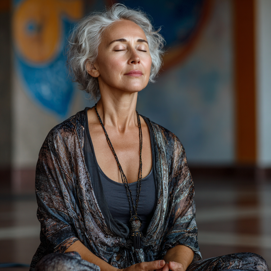 Katta yoshdagi ayol yoga mashqlarini bajarayotgan